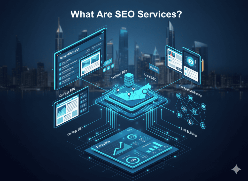 Overview of SEO services in UAE including keyword research on-page technical and local SEO