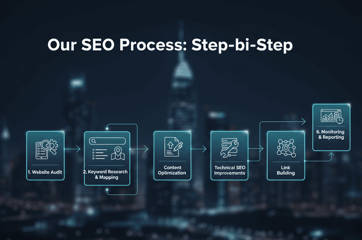 Step by step SEO process including audit keyword research optimization and reporting in UAE