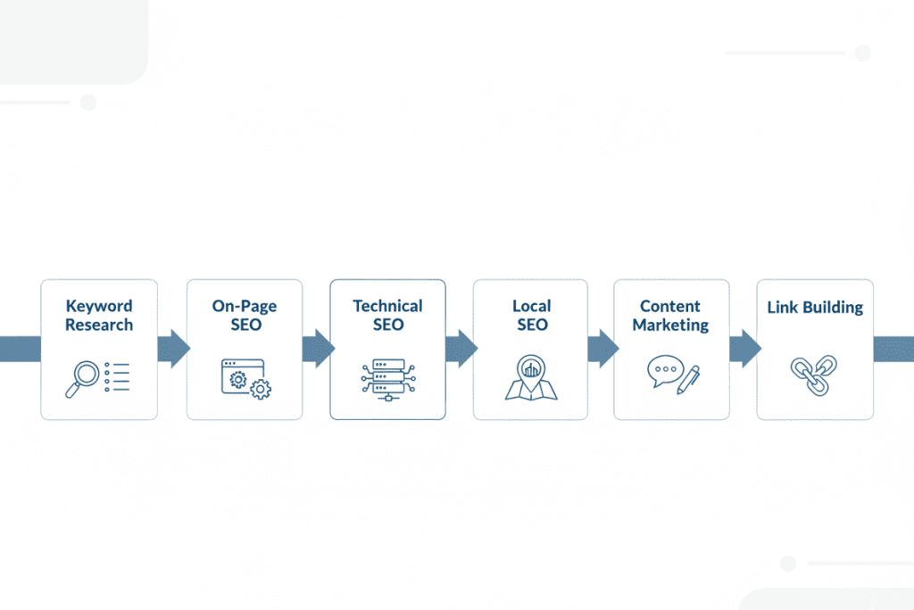 SEO process used by NewtonByte for businesses in Abu Dhabi including keyword research and local SEO