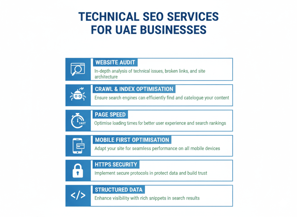 Technical SEO services in the UAE including audits, crawl optimisation, and mobile performance