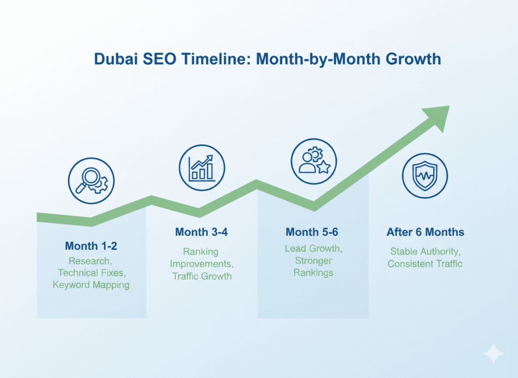 Month-wise SEO timeline for Dubai businesses showing ranking growth