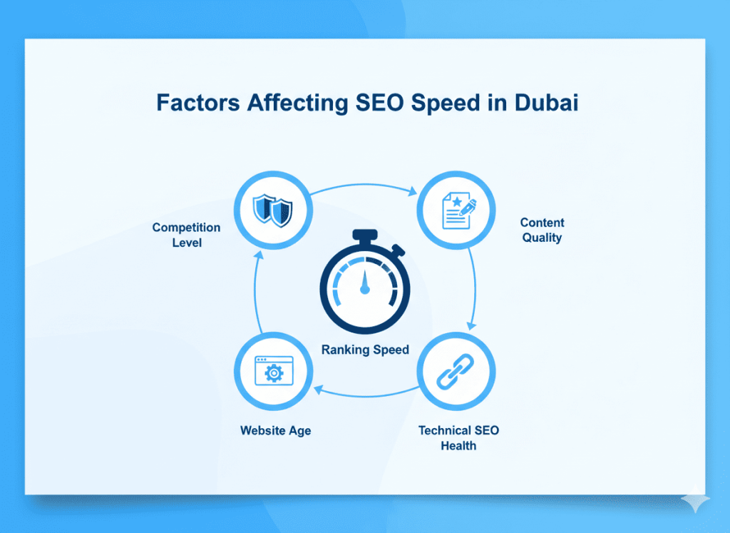 Factors affecting SEO speed in Dubai including competition and technical health