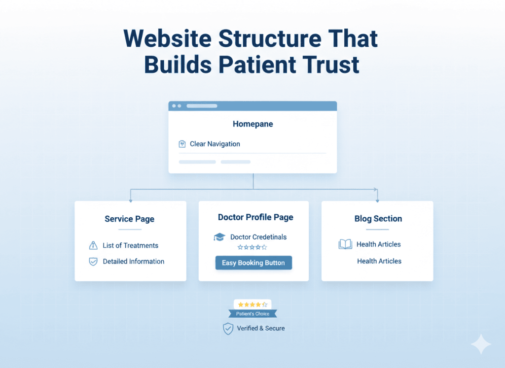 Clinic website structure with doctor profiles and patient reviews for SEO