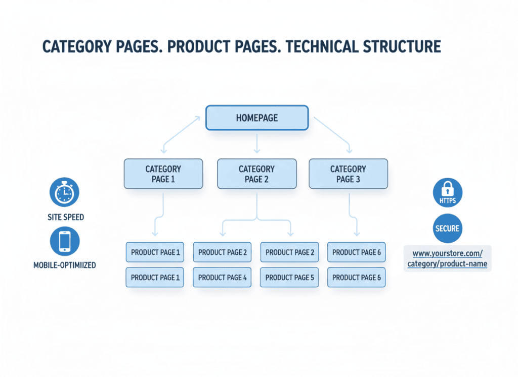 E-commerce website structure diagram showing homepage, category pages, and product pages with technical SEO elements