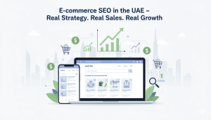 E-commerce SEO growth concept showing UAE online store with rising organic traffic and rankings