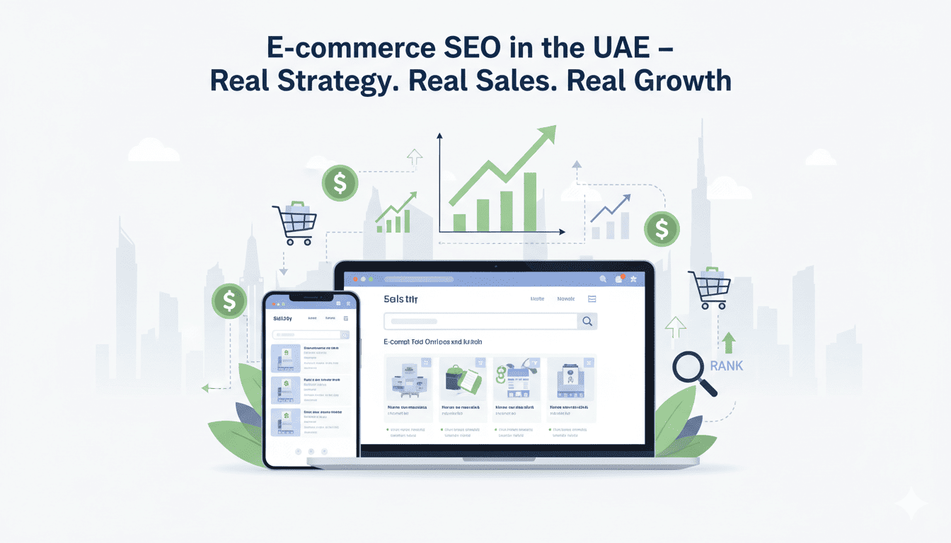 E-commerce SEO growth concept showing UAE online store with rising organic traffic and rankings