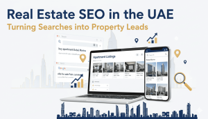 Real estate SEO concept showing property search results and UAE real estate website rankings