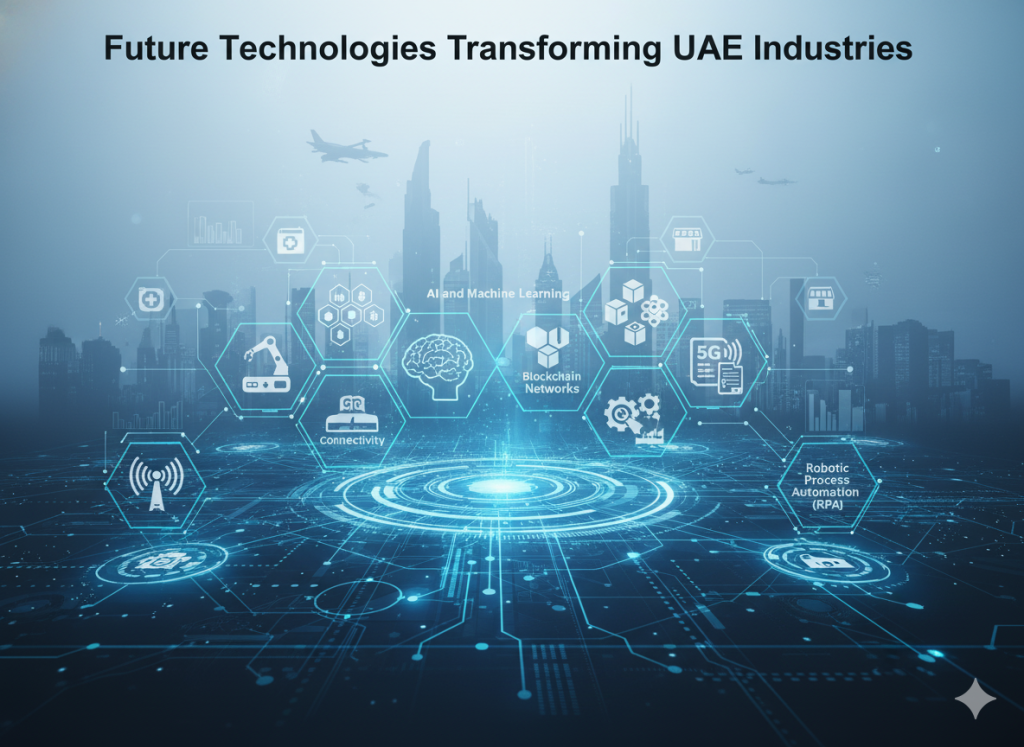 Future digital transformation technologies including AI IoT blockchain and smart city infrastructure in UAE