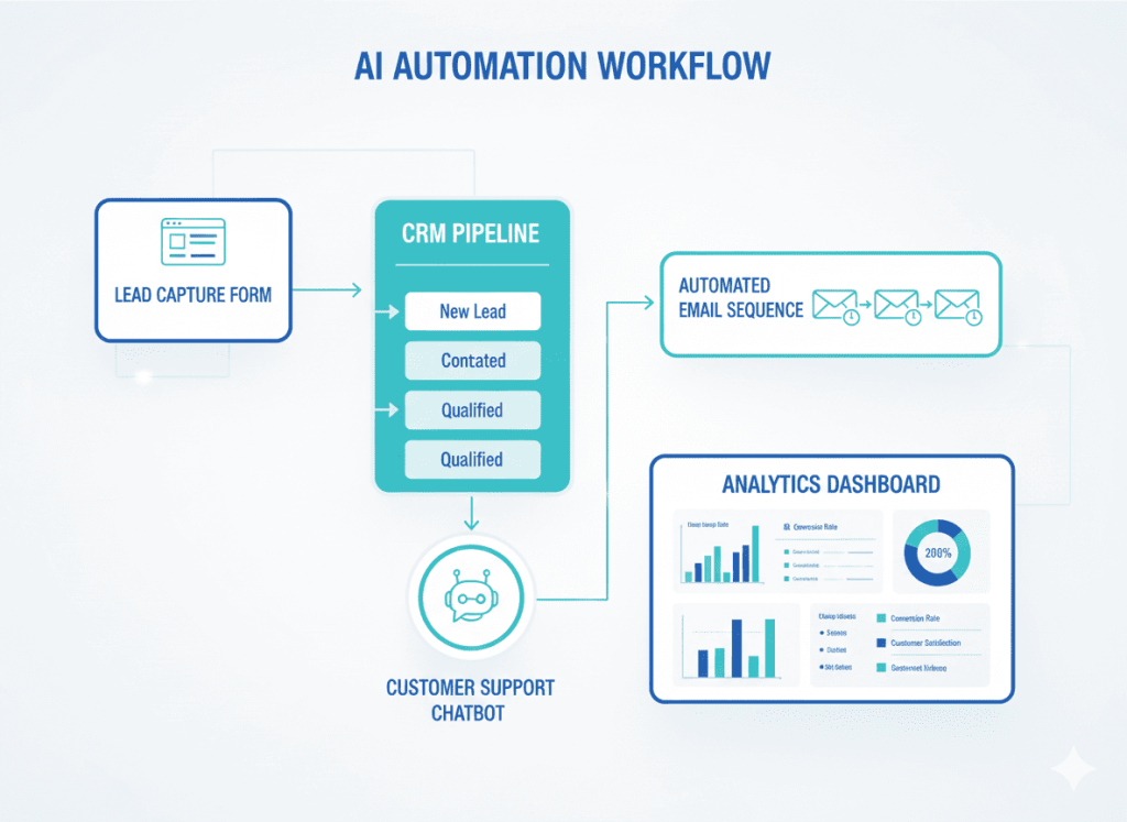 AI automation workflow connecting CRM marketing and operations systems