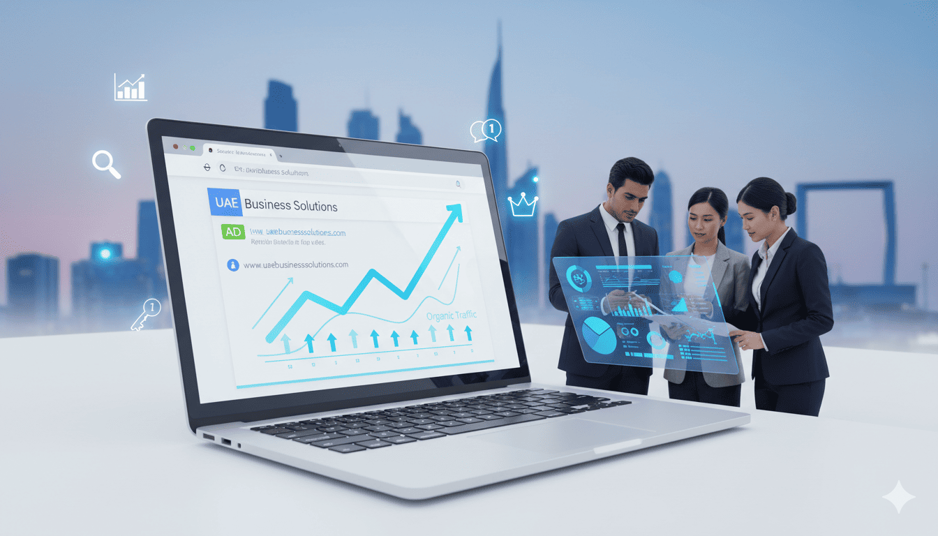 Long term SEO benefits for UAE businesses showing organic traffic growth and Google ranking improvement