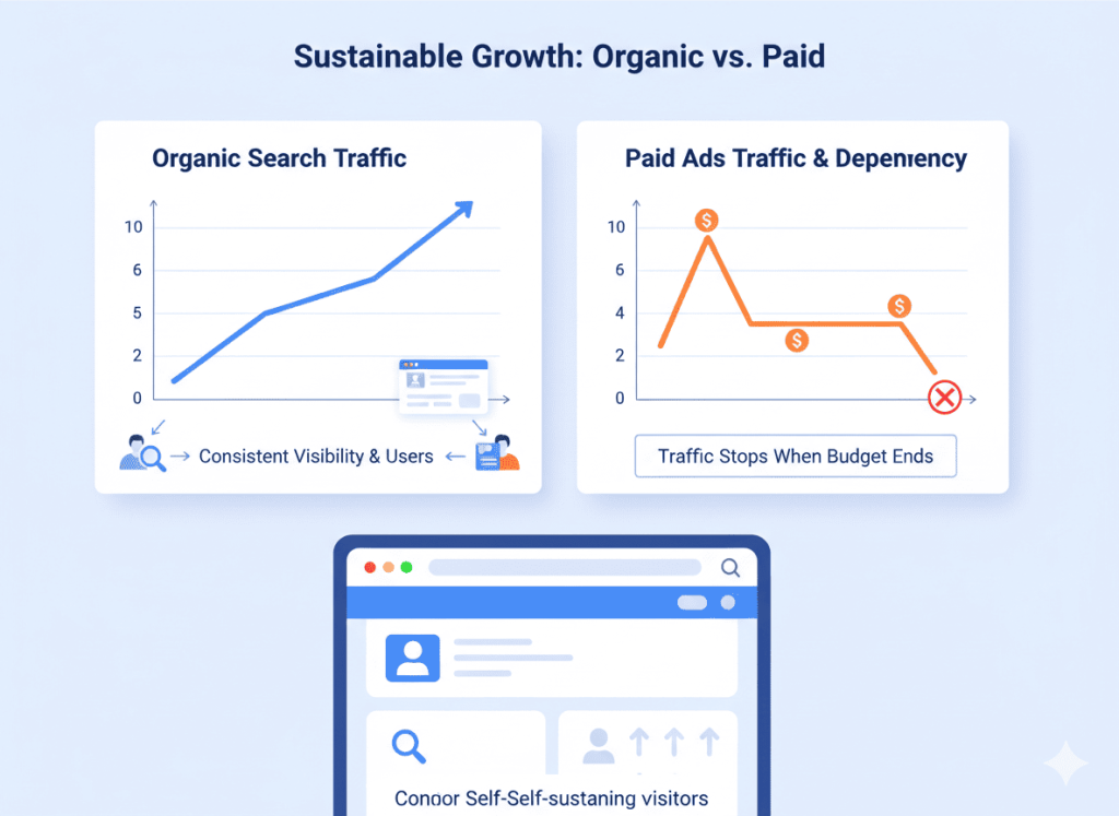 Comparison of SEO organic traffic growth vs paid ads decline after budget stops
