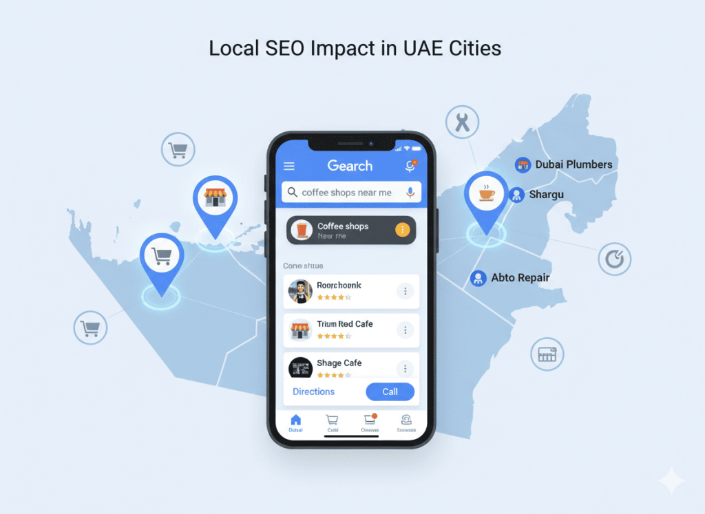 Local SEO results in UAE showing Google Maps rankings in Dubai Abu Dhabi and Sharjah
