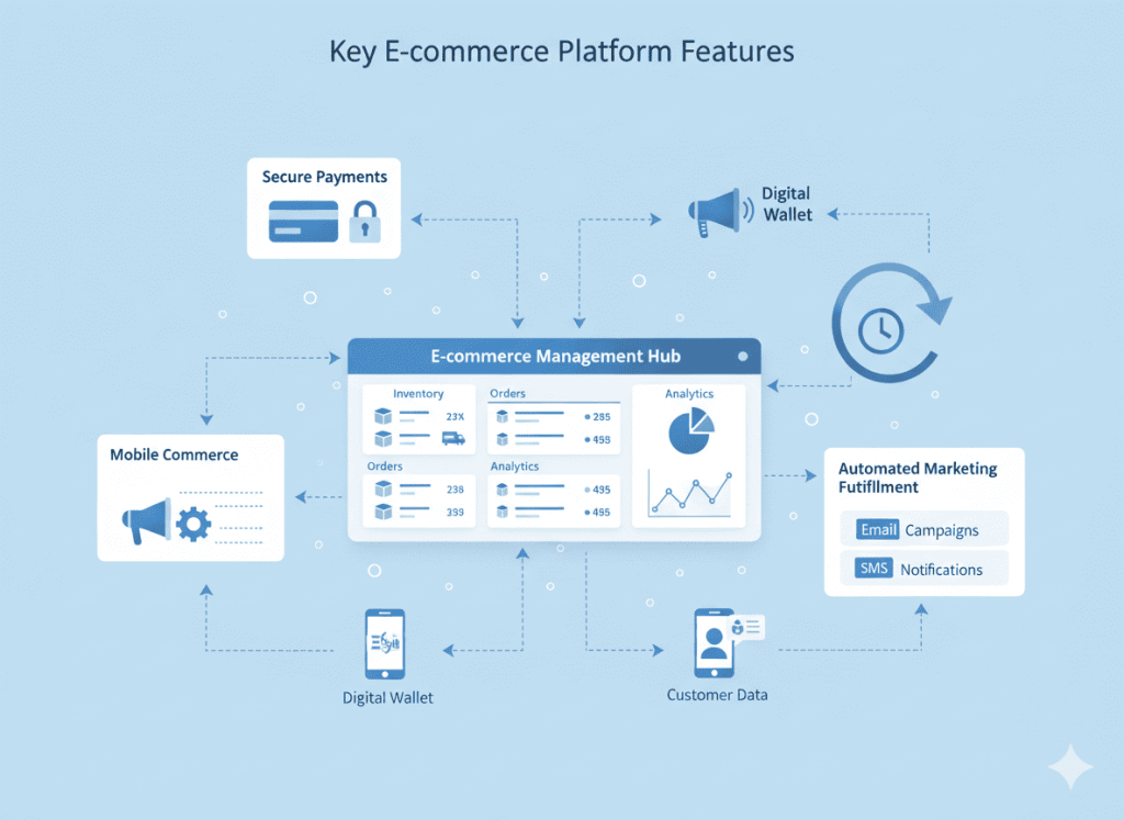 Smart ecommerce features including inventory management payments and analytics dashboard