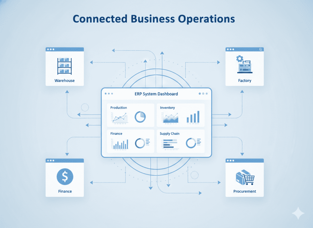 ERP system connecting production inventory finance and supply chain operations in manufacturing