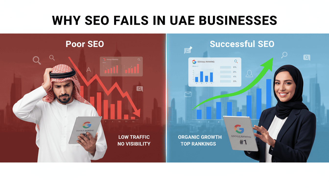 Comparison of SEO failure and success for UAE businesses showing ranking growth and poor performance