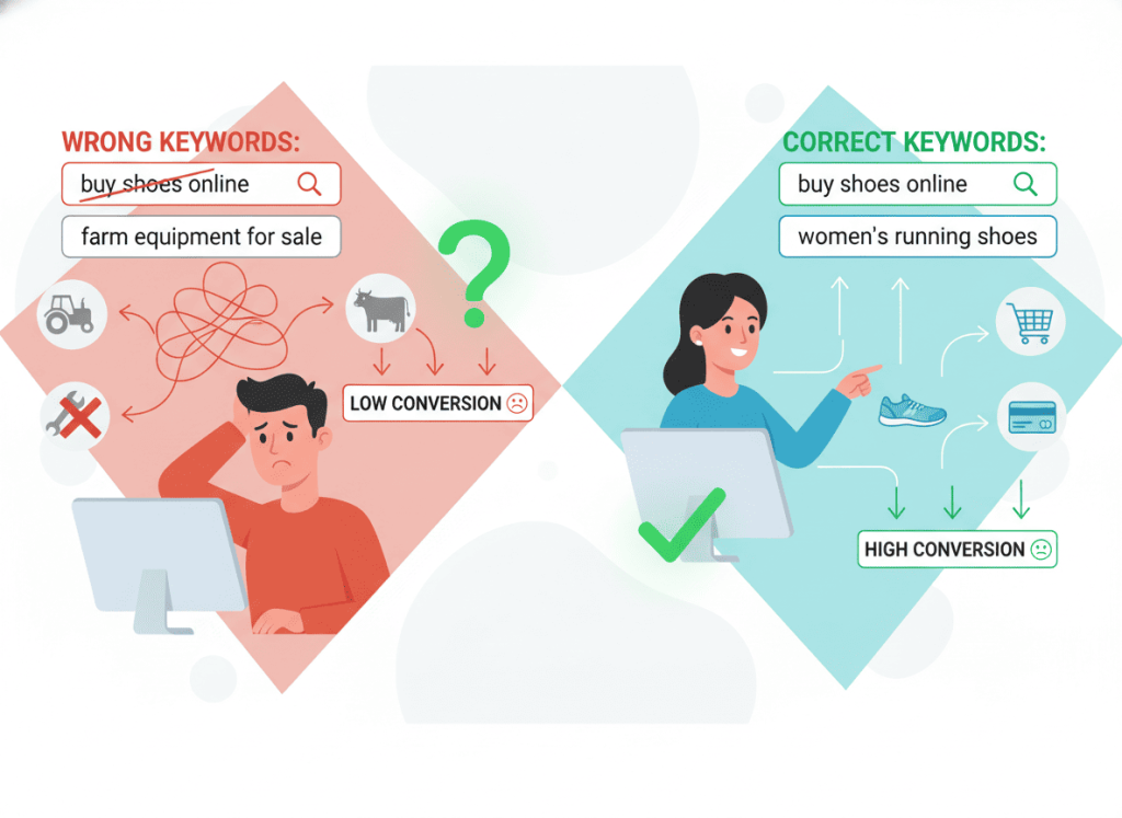 Wrong SEO strategy and keyword targeting leading to low conversions and poor results