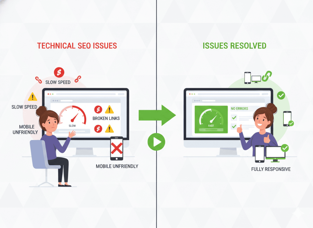 Technical SEO issues like slow speed and broken links affecting website performance