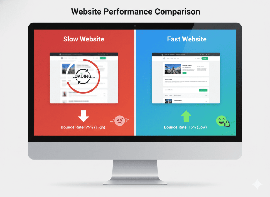 Fast vs slow website comparison showing impact on SEO rankings and user experience