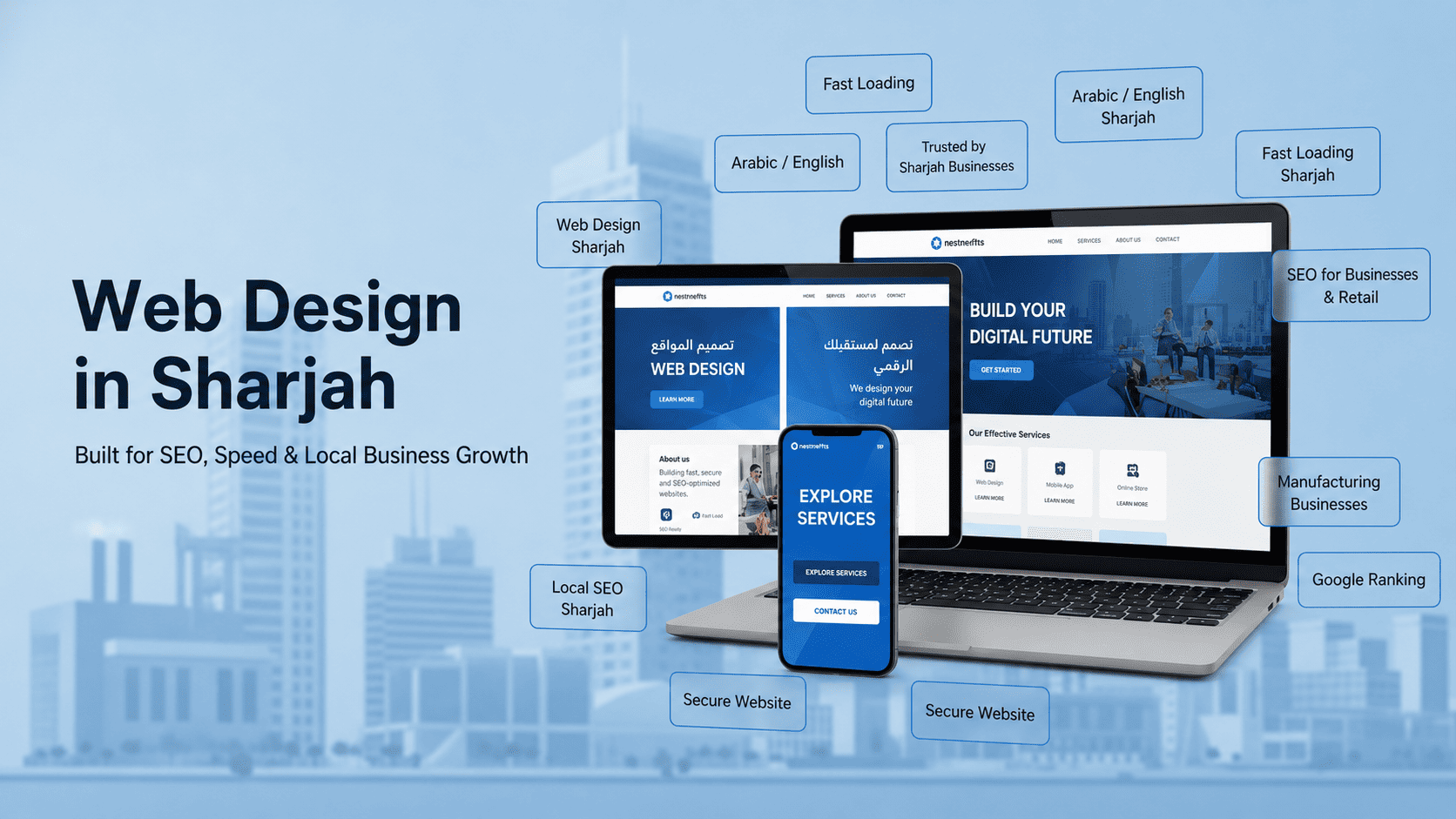 Web design in Sharjah showing bilingual website screens SEO structure mobile-first design and Sharjah business growth