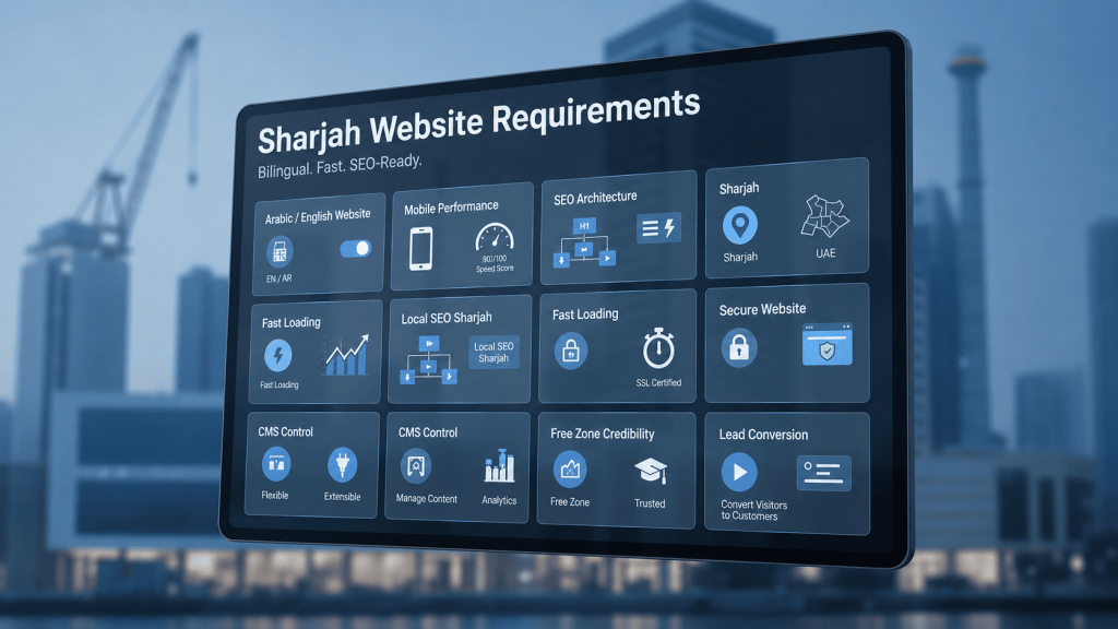 Sharjah business website requirements showing Arabic English design SEO structure mobile performance free zone credibility and lead conversion