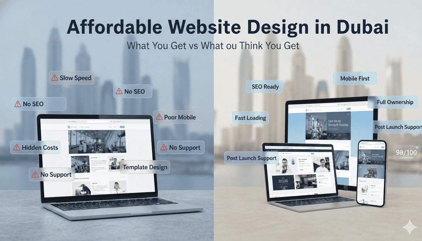 Affordable website design in Dubai comparison showing a poor template website versus a professional SEO-ready mobile-friendly website