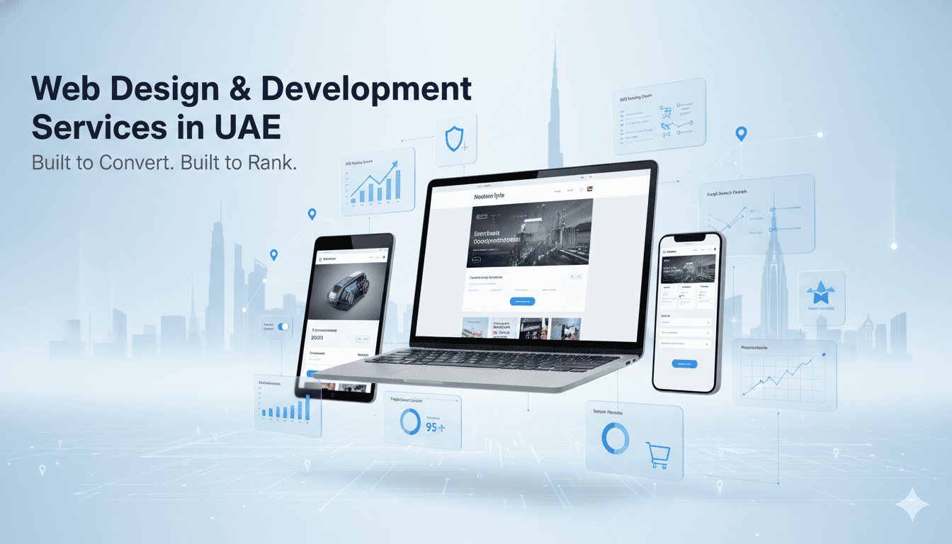 Web design and development services in UAE shown with responsive website screens, SEO elements, and digital agency visuals by Newton Byte