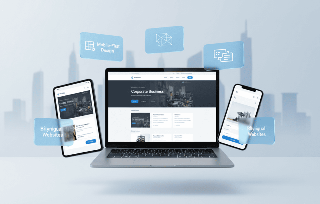 Responsive web design shown across laptop tablet and mobile devices for UAE businesses