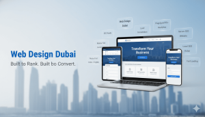 Web design Dubai feature image showing responsive website screens, SEO growth, mobile-first design, and Dubai business skyline by Newton Byte