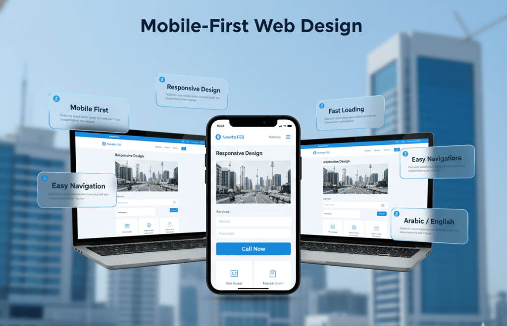 Mobile first web design for Ajman businesses showing a website displayed on smartphone and desktop screens