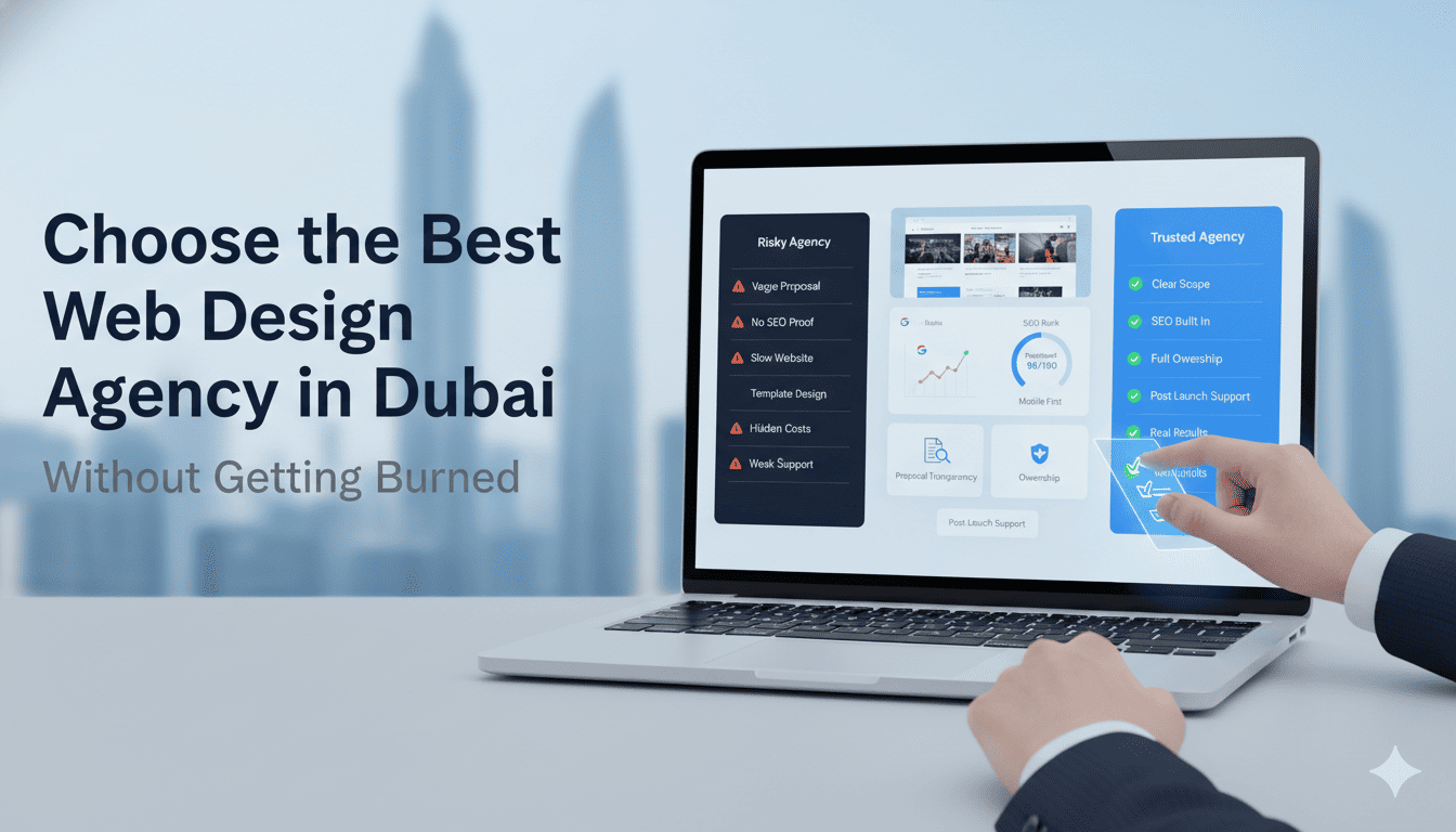 Business guide image showing how to choose the best web design agency in Dubai by comparing SEO speed portfolio pricing and support