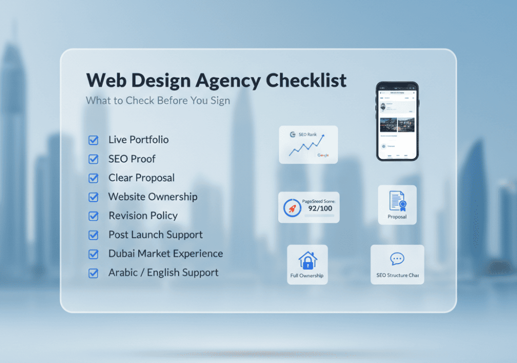 Web design agency checklist for Dubai businesses showing SEO proof mobile speed proposal clarity ownership and support