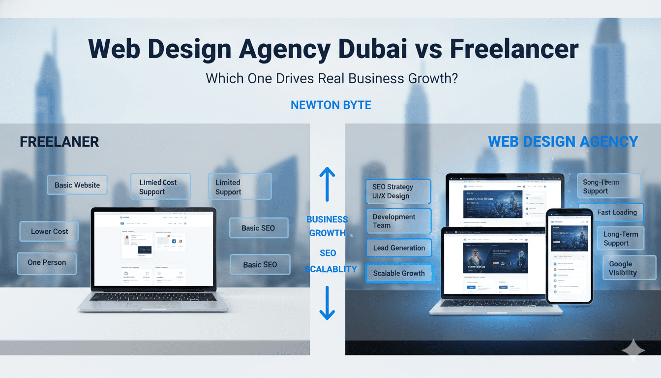 Web design agency Dubai vs freelancer comparison showing SEO strategy mobile design scalability and business growth