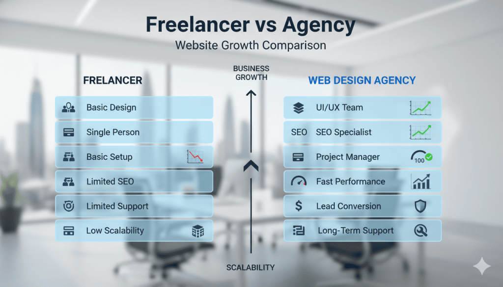 Freelancer vs web design agency comparison for Dubai businesses showing SEO support scalability and long-term growth