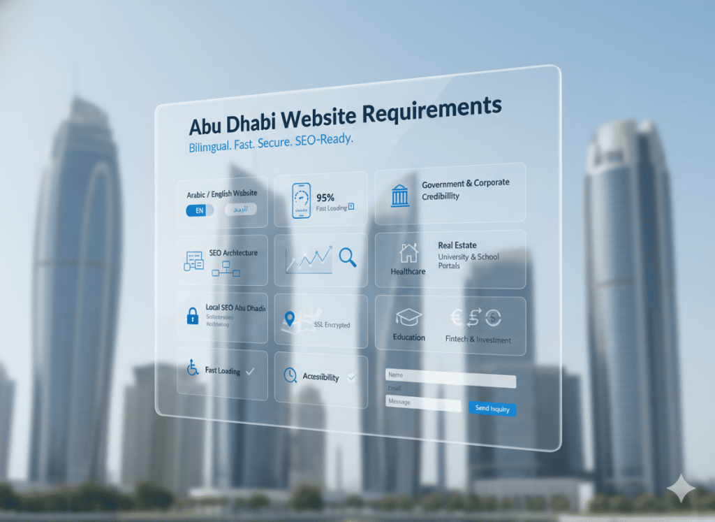 Abu Dhabi business website requirements showing bilingual Arabic English design SEO structure mobile performance security and industry credibility