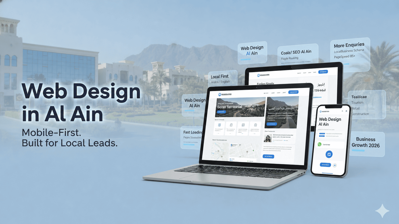 Web design in Al Ain showing bilingual website screens mobile-first design local SEO Google Maps visibility and business growth in 2026