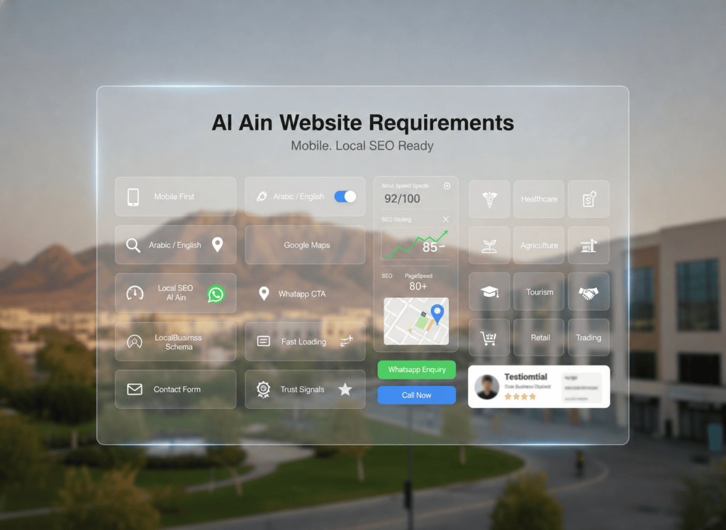 Al Ain business website requirements showing mobile-first design Arabic English support local SEO Google Maps WhatsApp CTA and industry planning