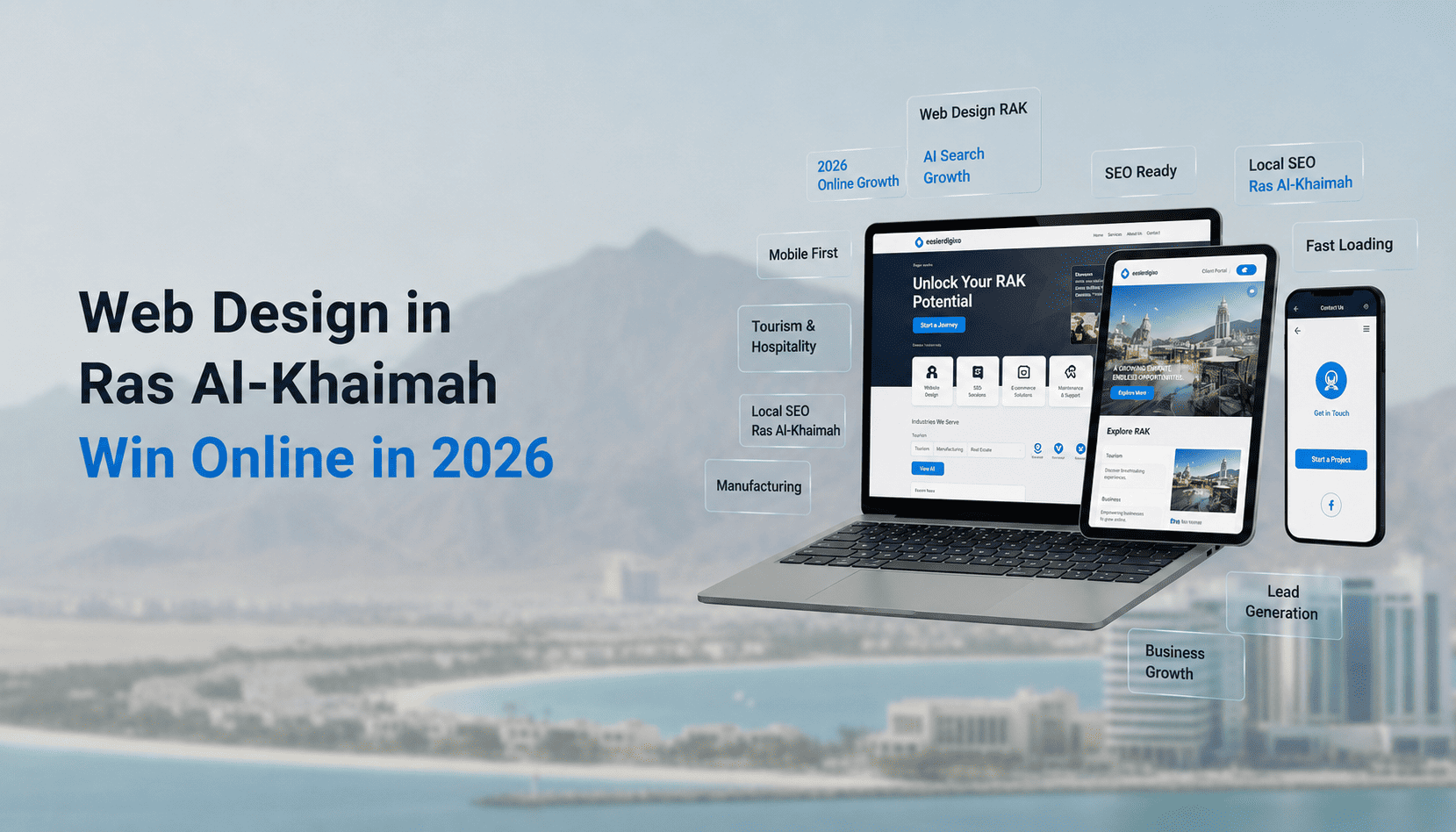 Web design in Ras Al Khaimah showing responsive website screens SEO growth AI search readiness and RAK business opportunities in 2026