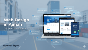 Web design in Ajman showing bilingual website screens SEO structure mobile-first design and Ajman business growth in 2026