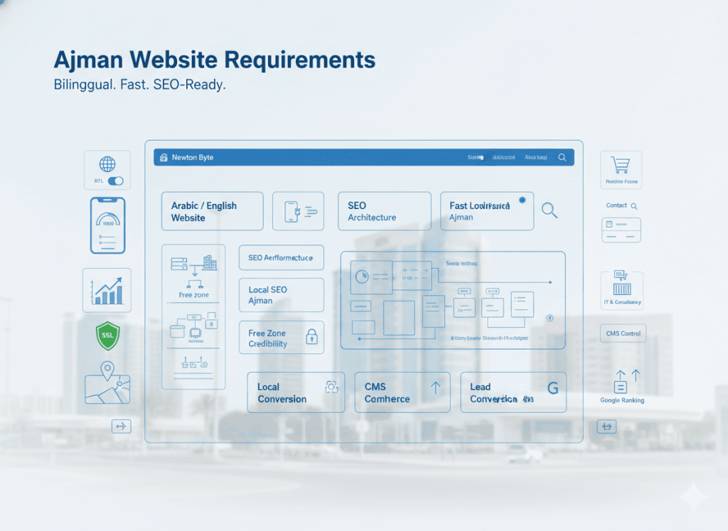 Ajman business website requirements showing Arabic English design SEO structure mobile performance free zone credibility and lead conversion