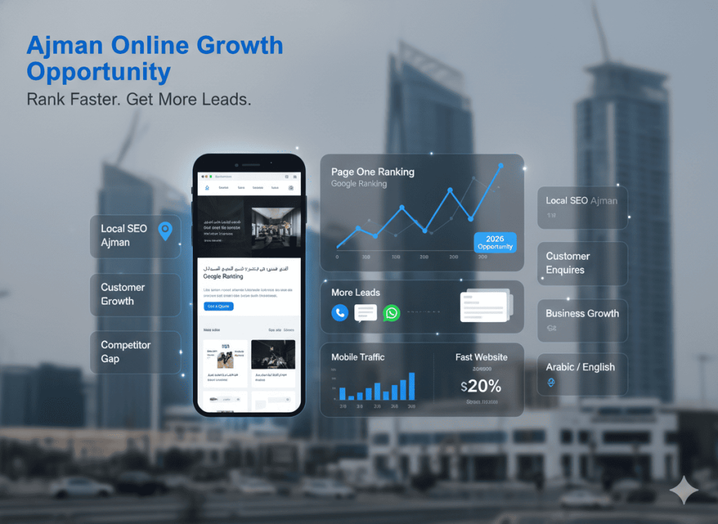 Ajman online growth opportunity showing SEO ranking lead generation mobile traffic and bilingual website performance in 2026