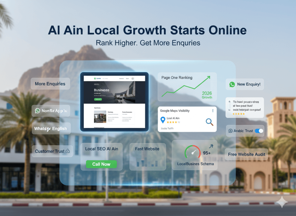 Al Ain online growth showing Google ranking Google Maps visibility WhatsApp leads mobile traffic and bilingual website performance in 2026