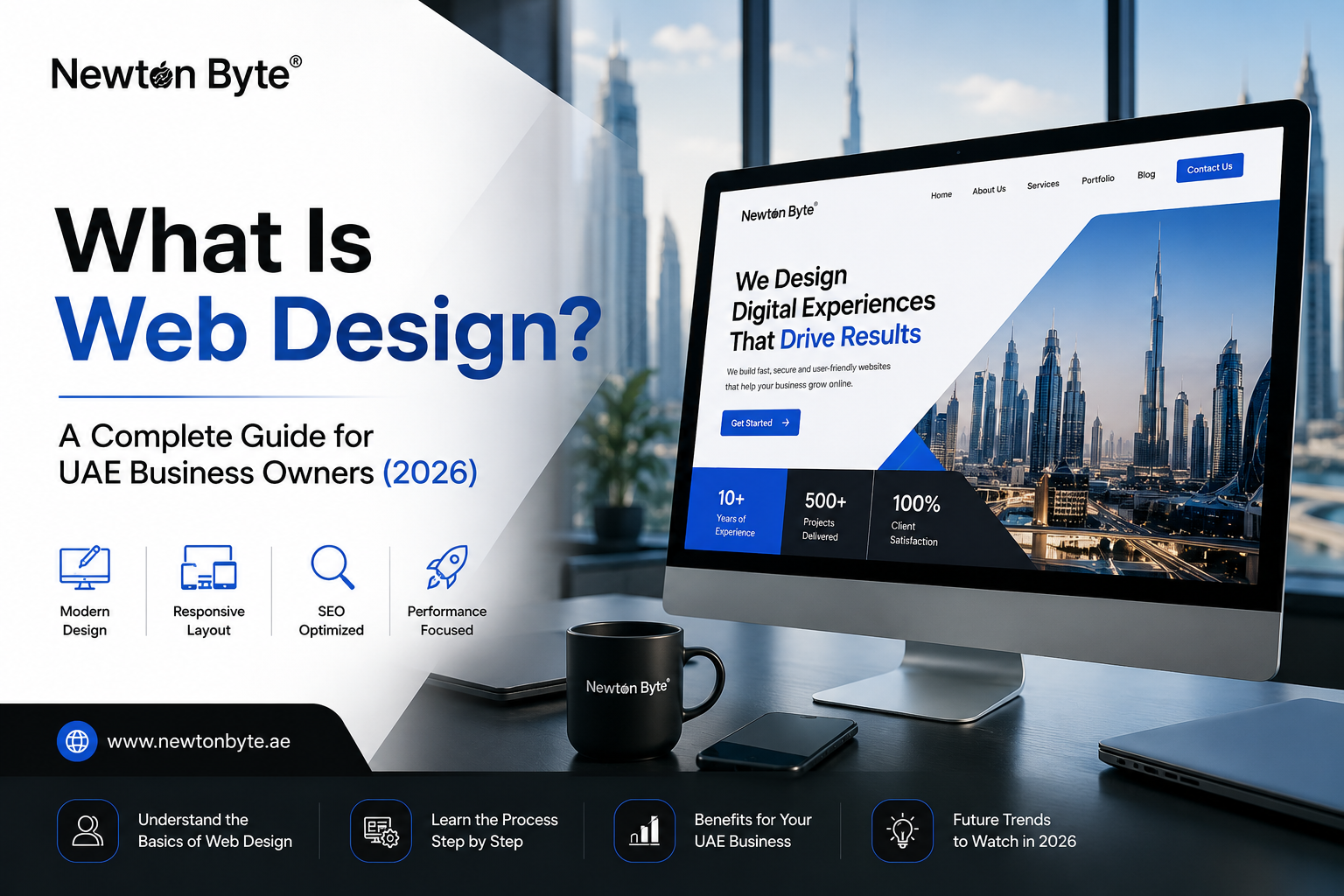 What Is Web Design? A Complete Guide for UAE Business Owners (2026) by Newton Byte featuring a modern website design workspace and Dubai skyline.