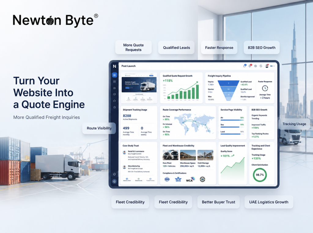 Successful logistics website in UAE showing more quote requests qualified B2B leads shipment tracking route visibility faster response time and buyer trust
