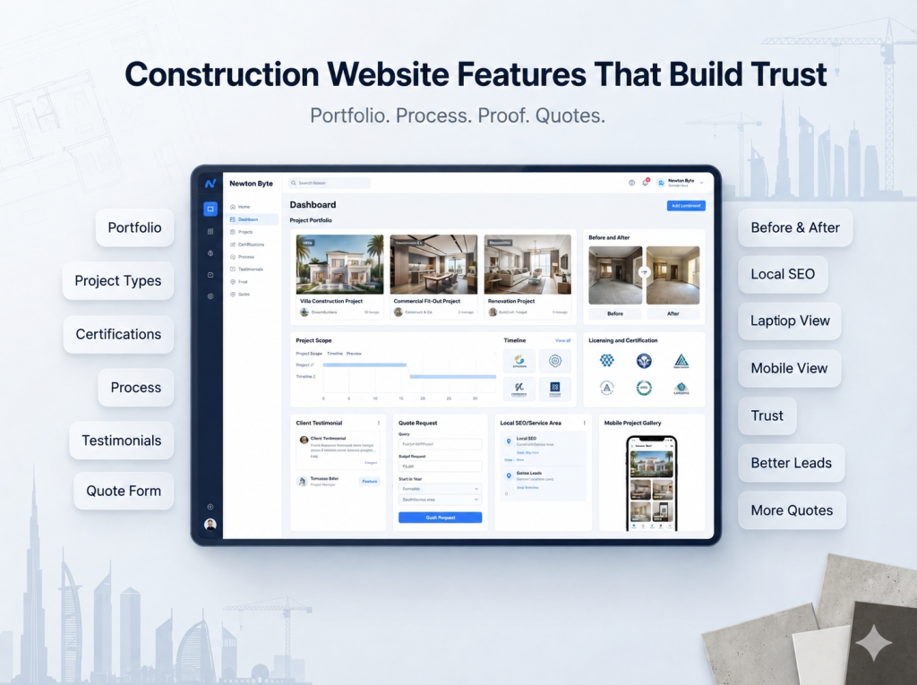 Construction website features in UAE showing project portfolio certifications process timeline testimonials quote form and mobile project browsing