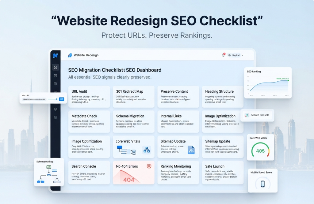 Successful Dubai website redesign showing protected SEO rankings stable traffic improved Core Web Vitals mobile speed and lead growth