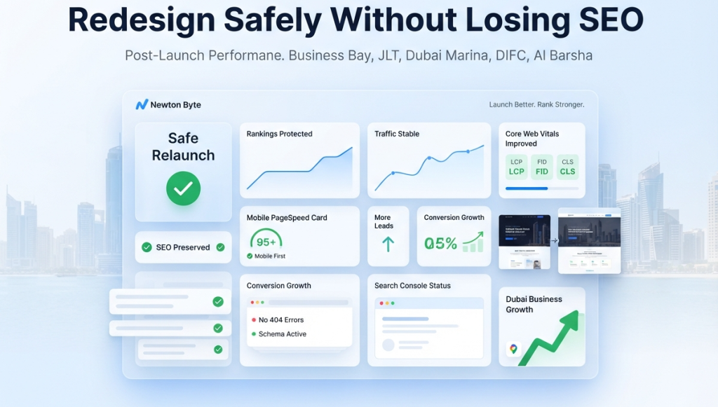 Website redesign SEO checklist showing URL audit 301 redirect mapping content preservation schema migration internal links and Search Console monitoring