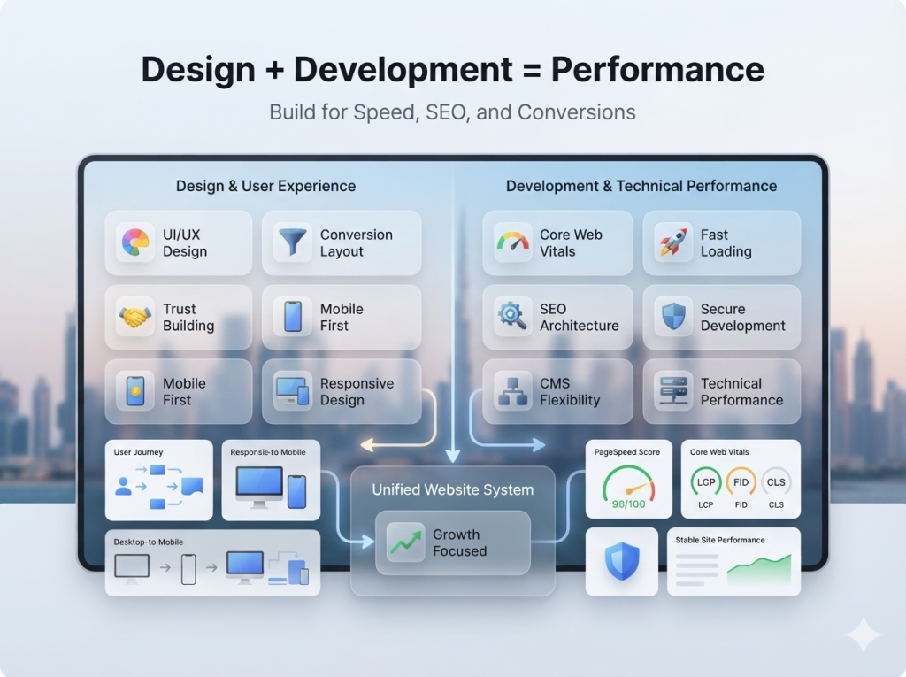 Web design and development system showing UI UX mobile-first design Core Web Vitals SEO architecture speed security and conversion-focused website performance