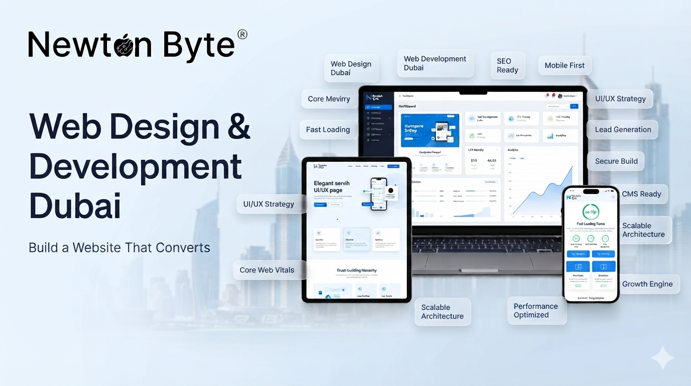 Web design and development in Dubai showing responsive website design mobile-first layout SEO architecture fast loading and business growth