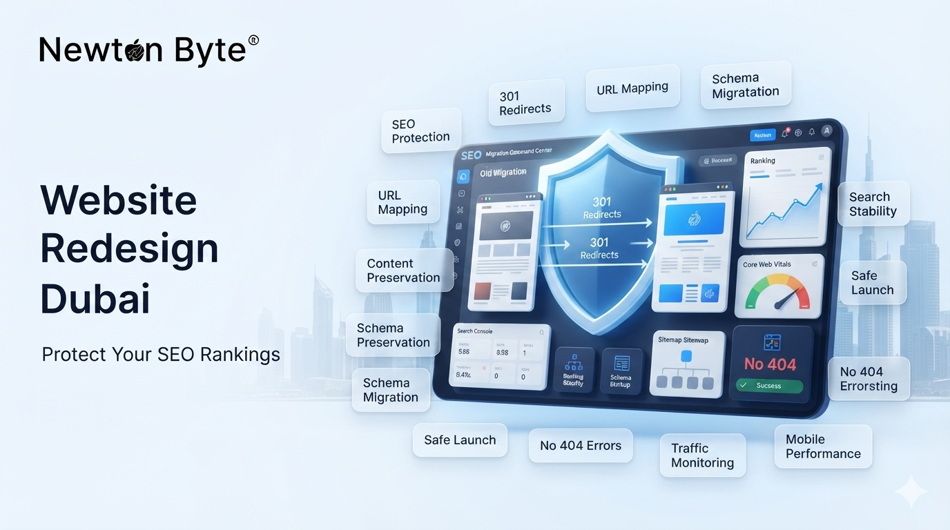 Website redesign in Dubai showing SEO ranking protection URL mapping 301 redirects mobile performance and safe website migration