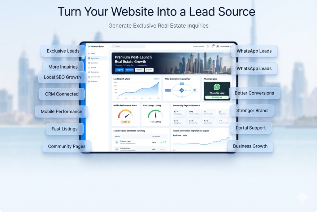 Successful real estate website in Dubai showing exclusive leads local SEO growth CRM connected inquiries mobile performance and stronger business results
